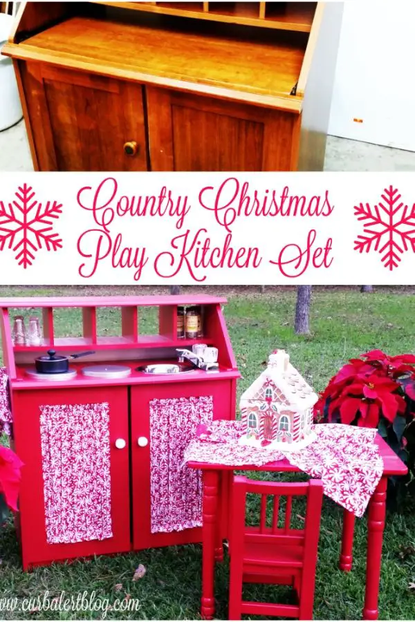 Country Christmas play kitchen #christmas #playkitchen #kitchen #reddecor #kidsplay #repurposedfurniture #repurposed #redandwhite